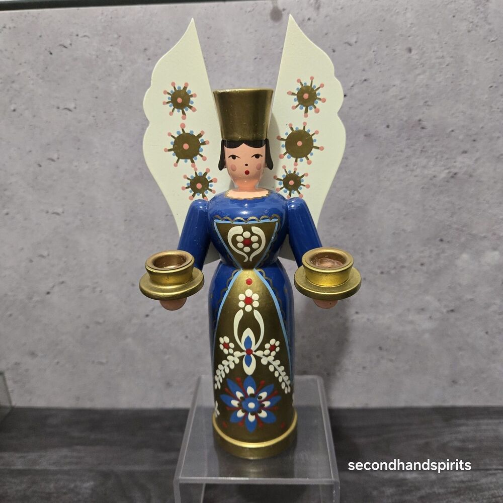 Erzgebirge German Wood Angel Candle Holder Blue Gold Drechselstube Erbach 2003